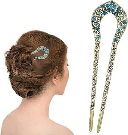 1 Piece ASSORTED French Hair Pins, Metal U Shaped Hairpins, Vintage Double Prong Hair Forks Stick with Rhinestone Crystal