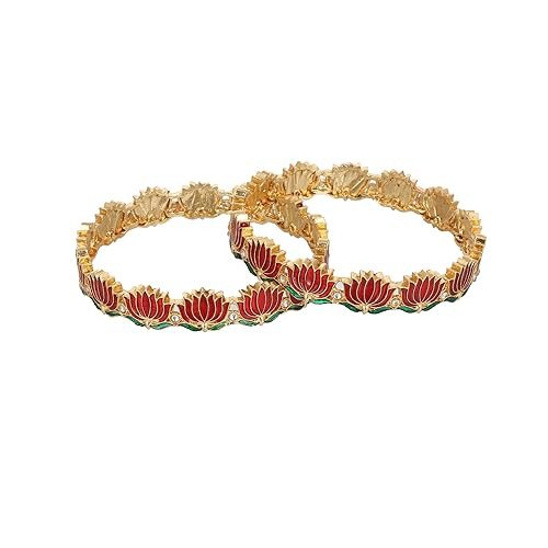 Gold Plated Red and Green Enamel Lotus Floral Bangle Pair, Meenakari Work, Traditional Indian Jewellery For Women and Girls