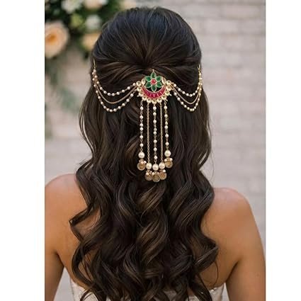 Traditional Clip, Gold-Plated with Kundan Work, Pearl Strings and Leaf Charms, Wedding Multicolor Pearl Kundan Hair Clip for Women
