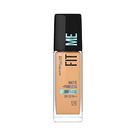 Maybelline New York Fit Me Matte + Poreless Liquid, pore minimising Foundation, lightweight formula suitable for daily use, Matte Finish Foundation for Indian Skin - 126 Light Pecan, 30 ml