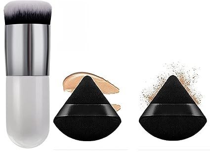 1 Round Foundation Makeup Brush, 2 pieces MakeupSponge Blender (Foundation brush, 2 Pieces Triangle Powder Puffs Face CosmeticPowder Puff Washable Reusable Soft Plush Powder Sponge Makeup Sponge)