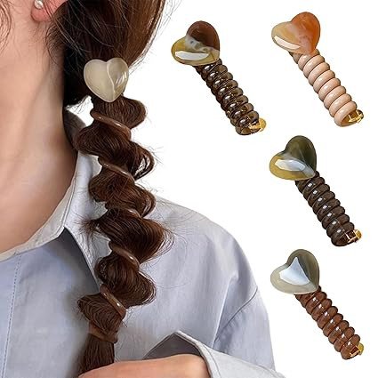 Telephone Wire Hair Bands with Resin Heart Spiral Elastic Hair Ties for Ponytail Holders Phone Cord No Damage Coil Hair Accessories for Women Girls Decor