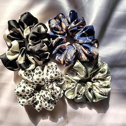 Elegant Satin Hair Scrunchies Set, 4 Pack Floral Print Design, White Navy Blue Black Green, Elastic Hair Ties for Women